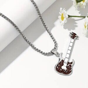 Coffee Brown Flaming Guitar with White Neck Rocker Necklace and Pendant 1559